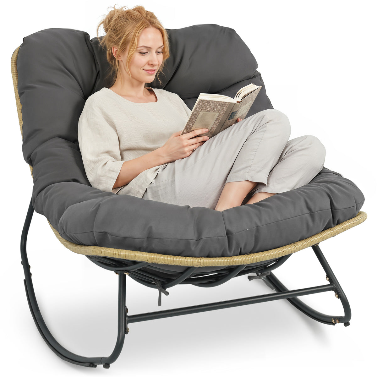 Outdoor Papasan Rocking Chair with Thick Cushioned Seat for Patio