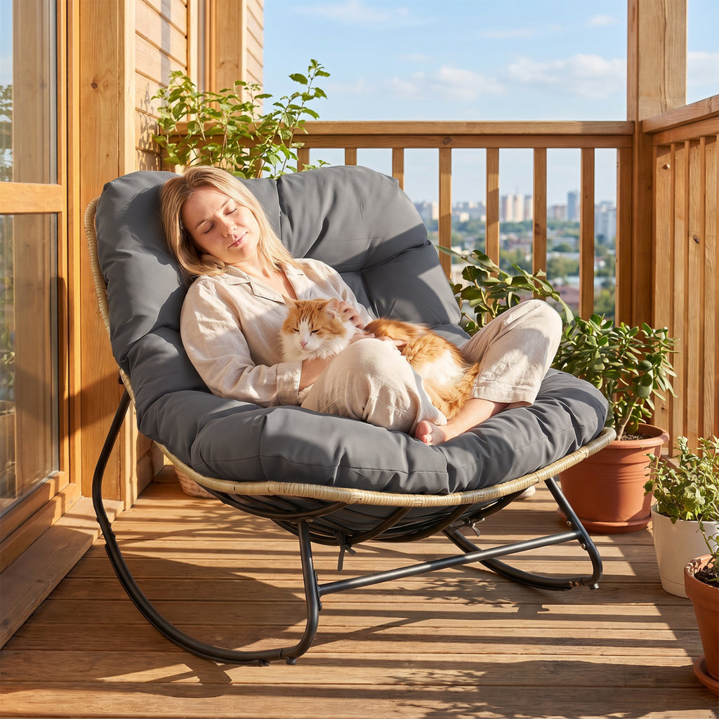 Outdoor Papasan Rocking Chair with Thick Cushioned Seat for Patio