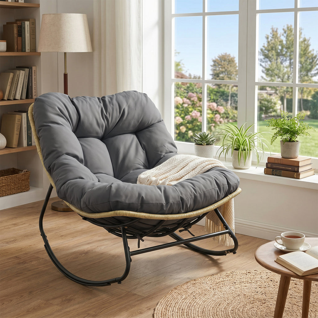 Outdoor Papasan Rocking Chair with Thick Cushioned Seat for Patio