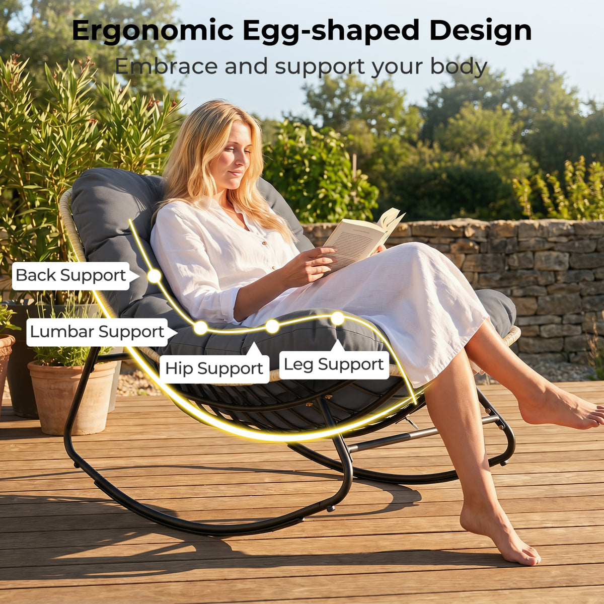 Outdoor Papasan Rocking Chair with Thick Cushioned Seat for Patio