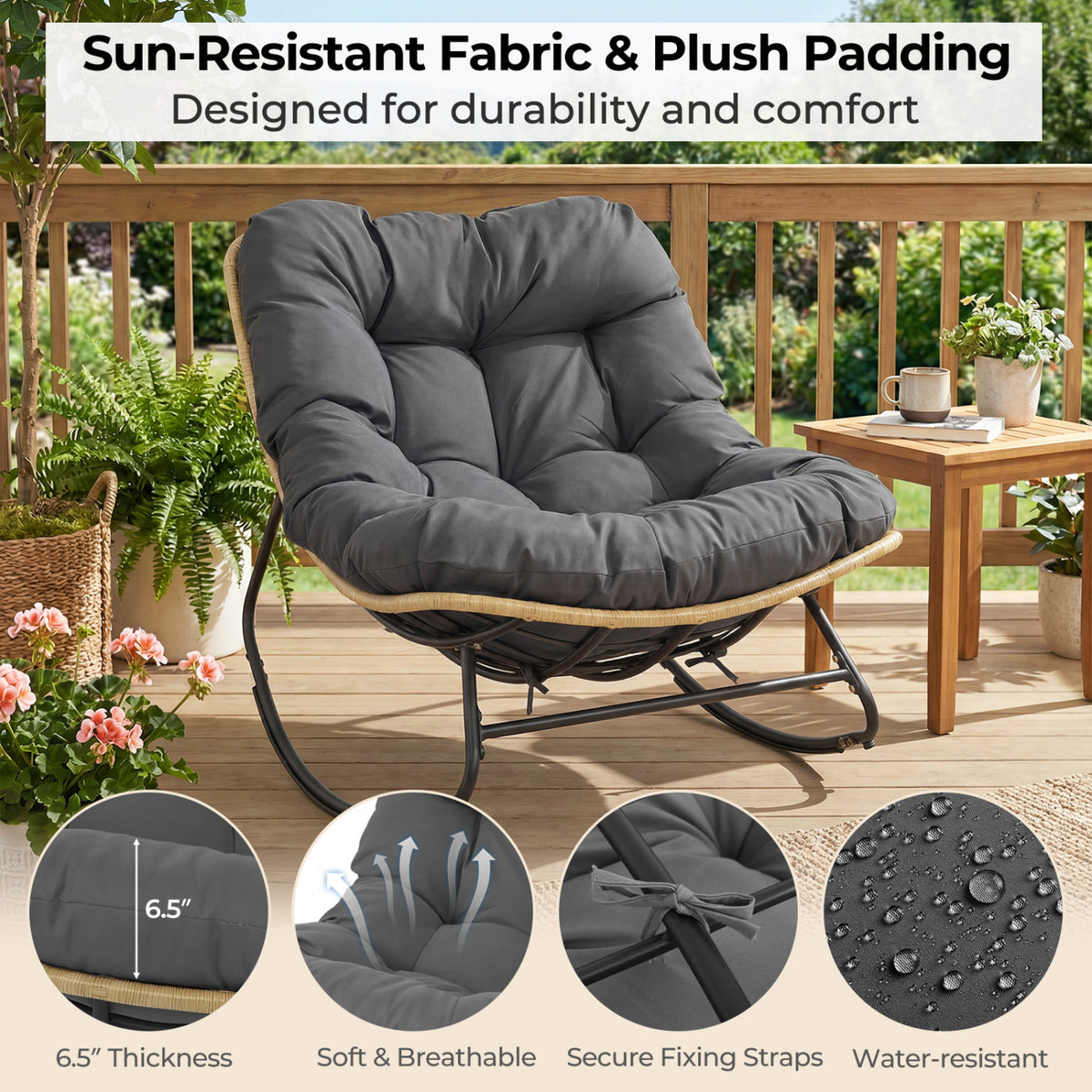 Outdoor Papasan Rocking Chair with Thick Cushioned Seat for Patio