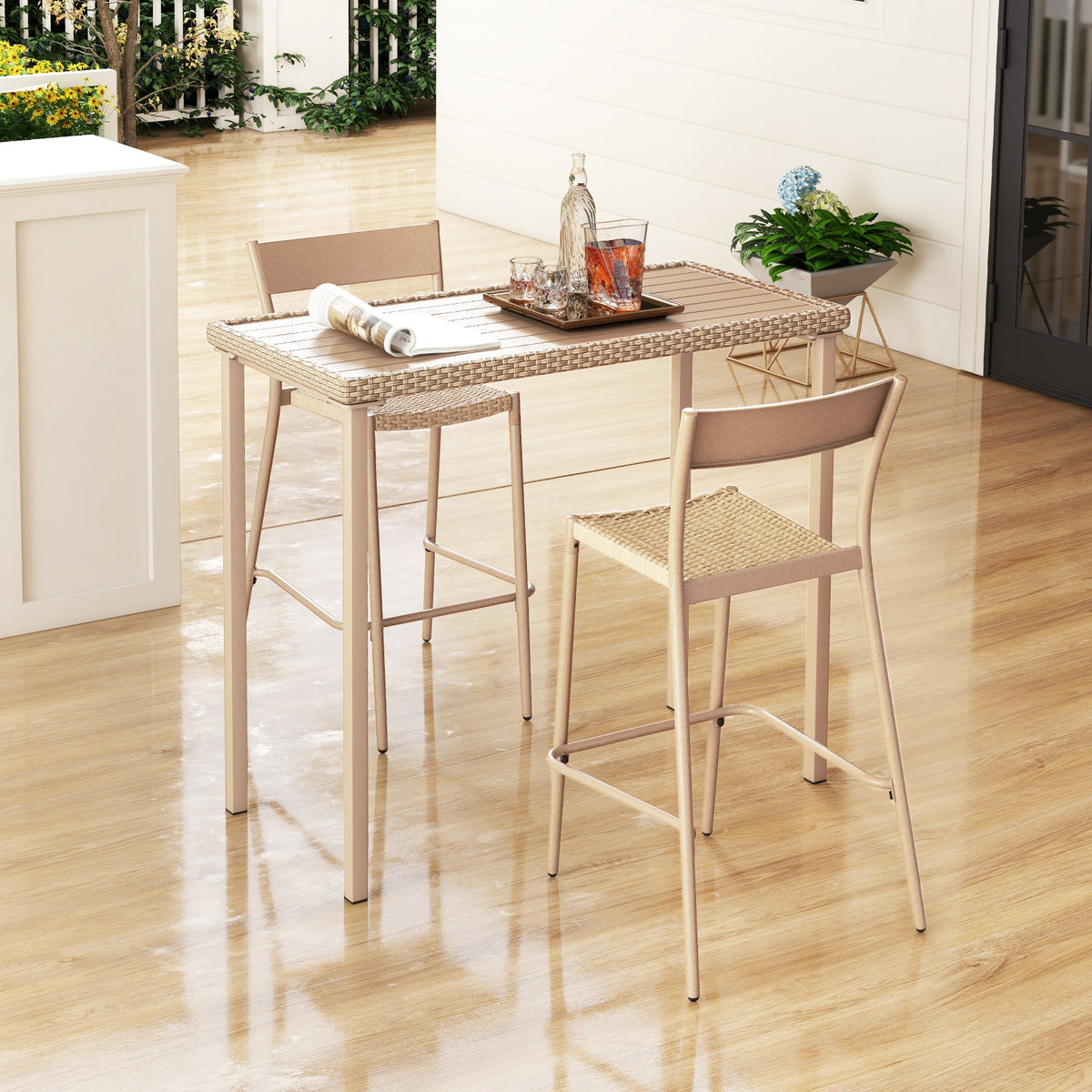 Outdoor Patio Bar Table, Light Brown – 48" x 23" Rattan