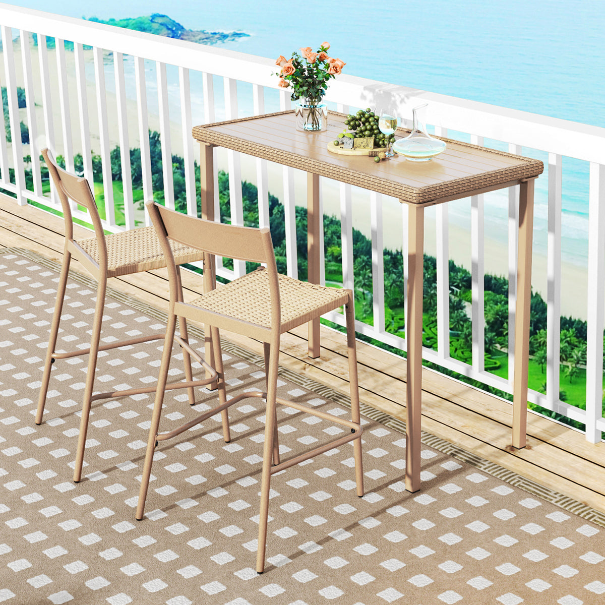 Outdoor Patio Bar Table, Light Brown – 48" x 23" Rattan