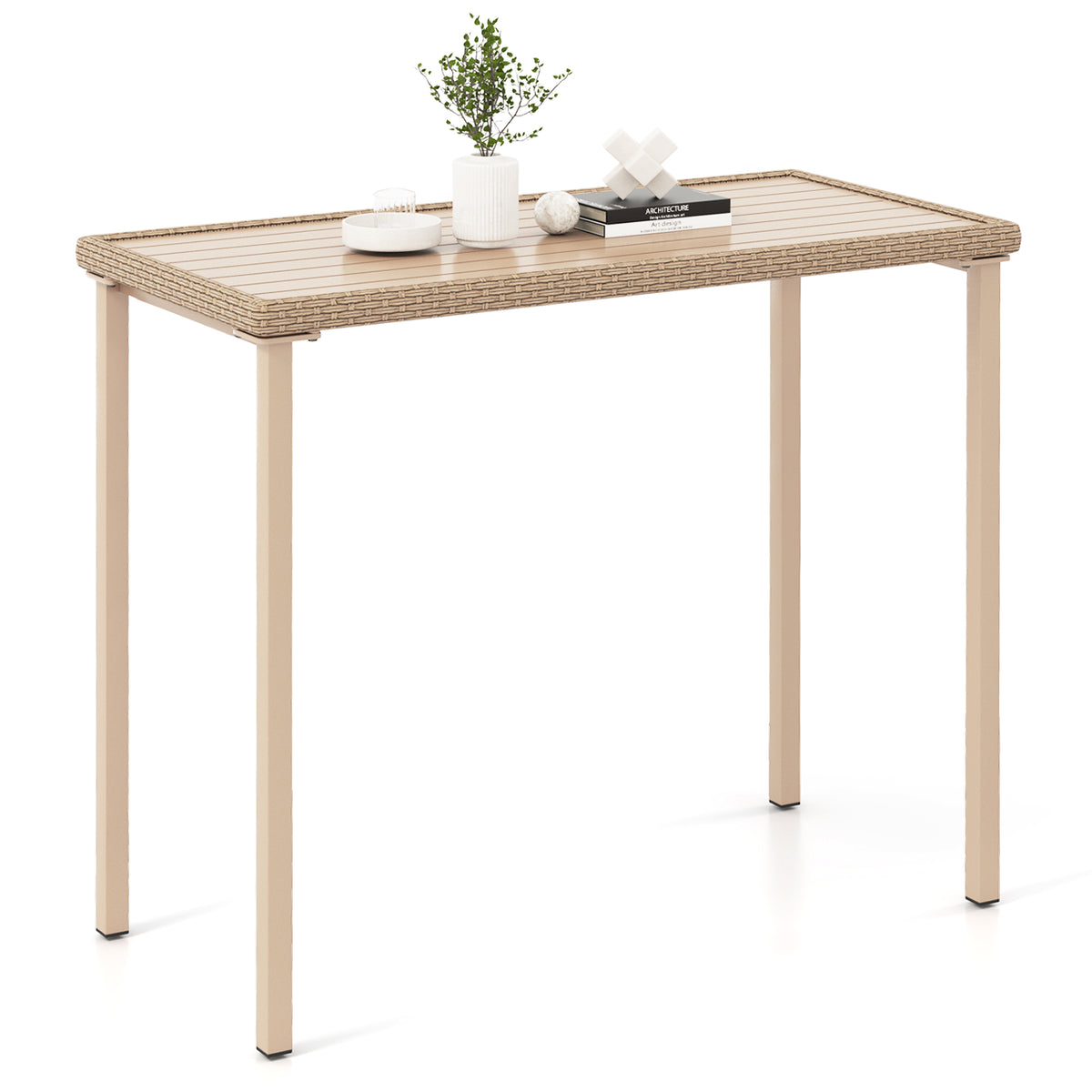 Outdoor Patio Bar Table, Light Brown – 48" x 23" Rattan