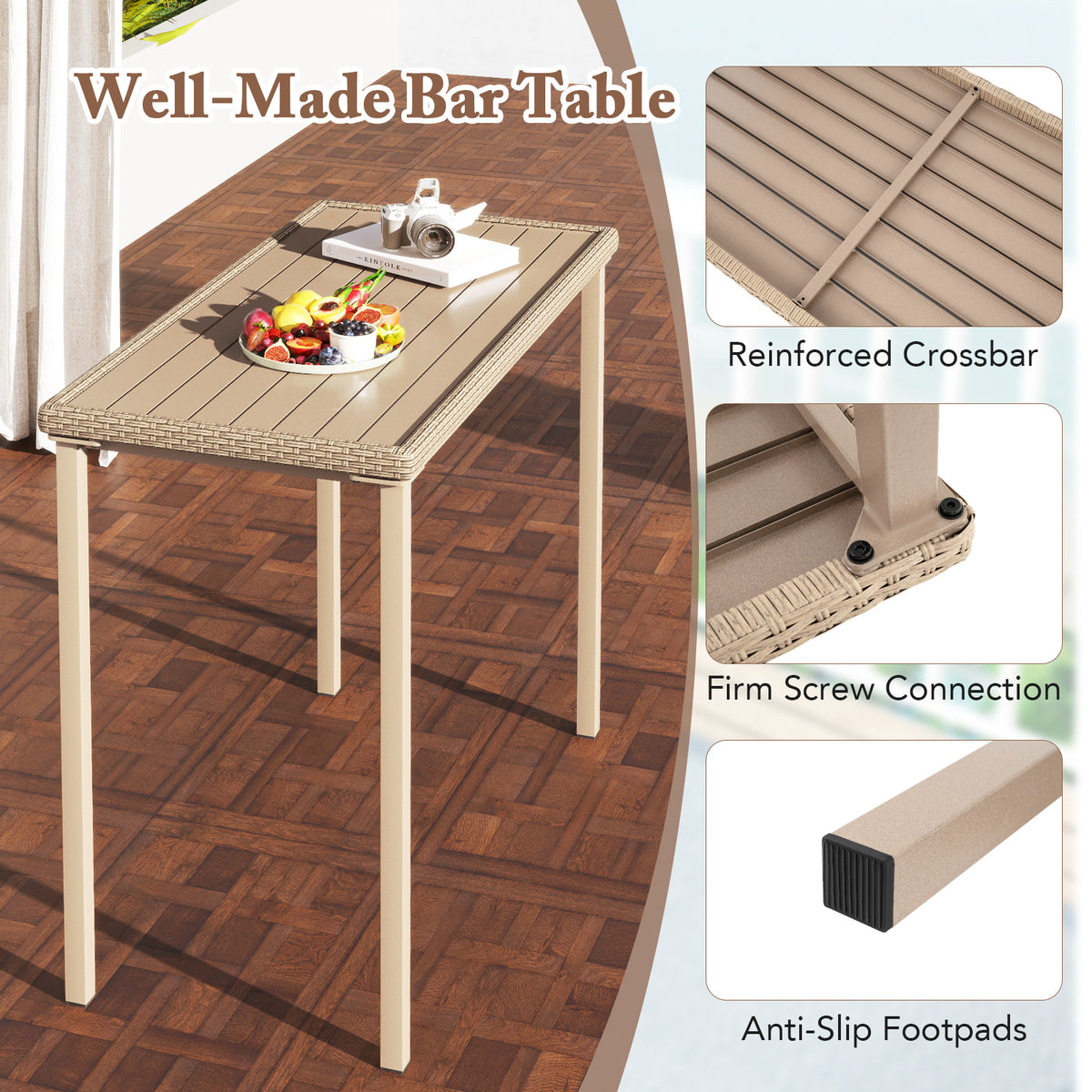 Outdoor Patio Bar Table, Light Brown – 48" x 23" Rattan