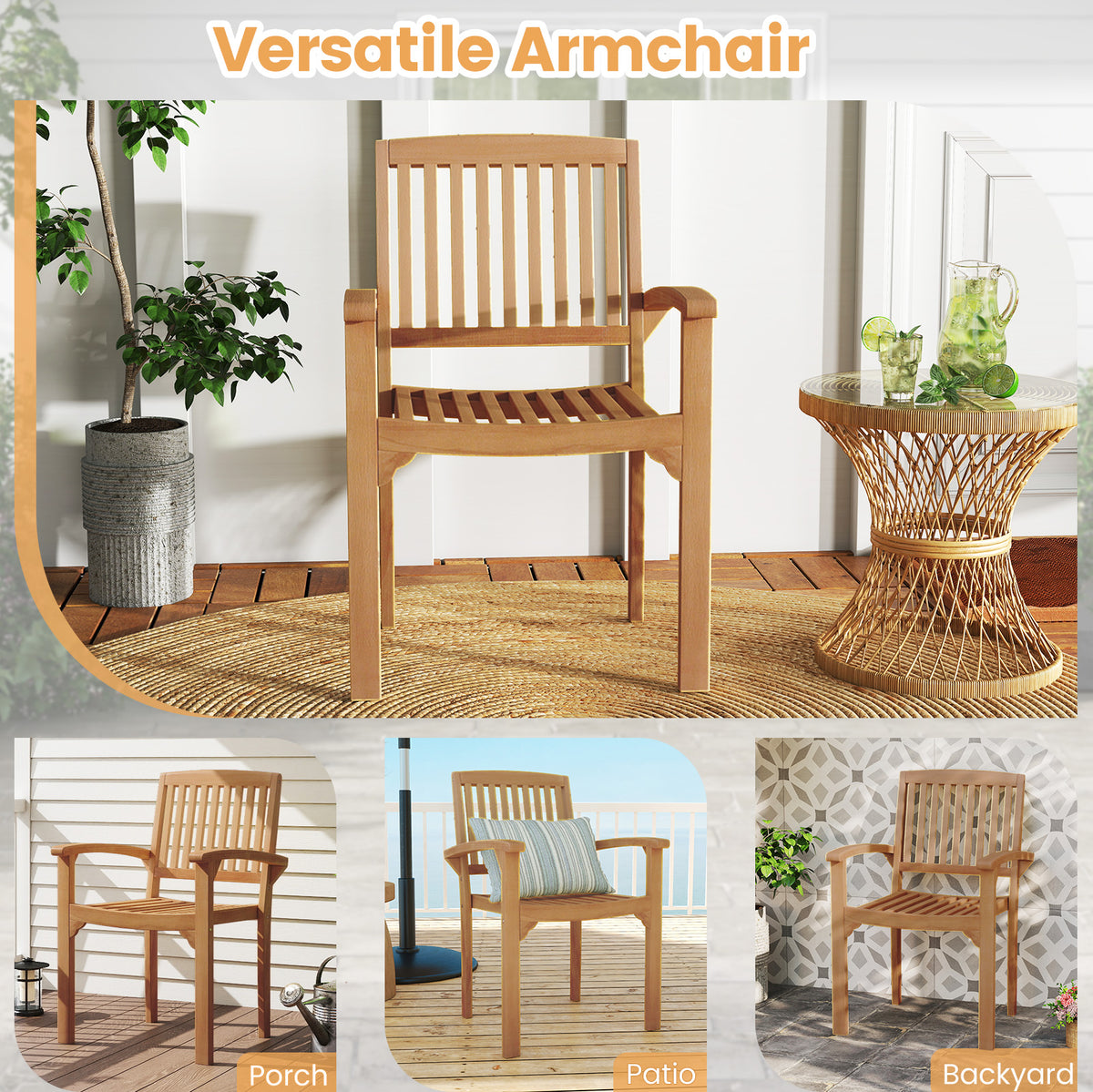 Outdoor Patio Chair with Slatted Seat and Curved