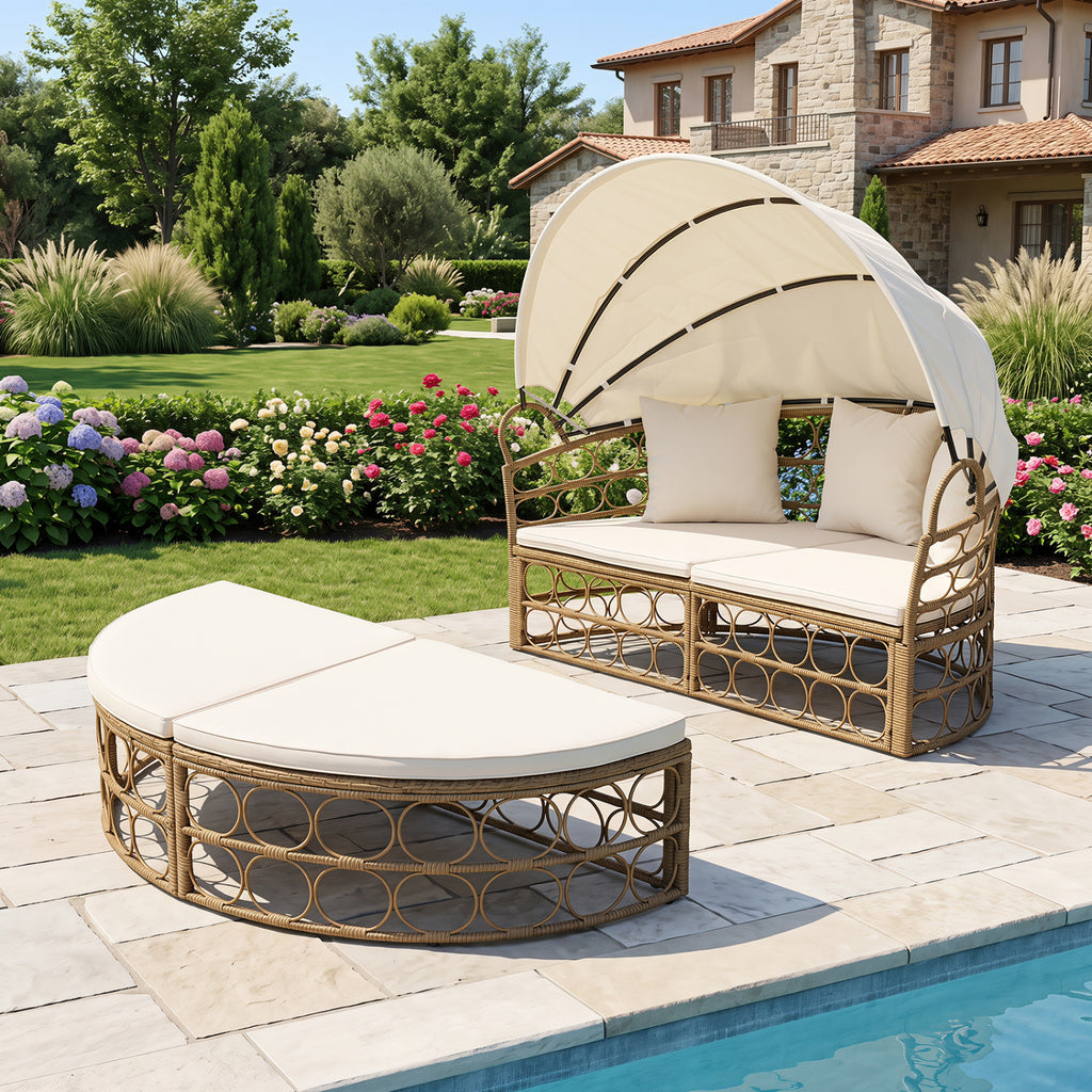 Outdoor Patio Daybed with Retractable Canopy and Cushions Yellow