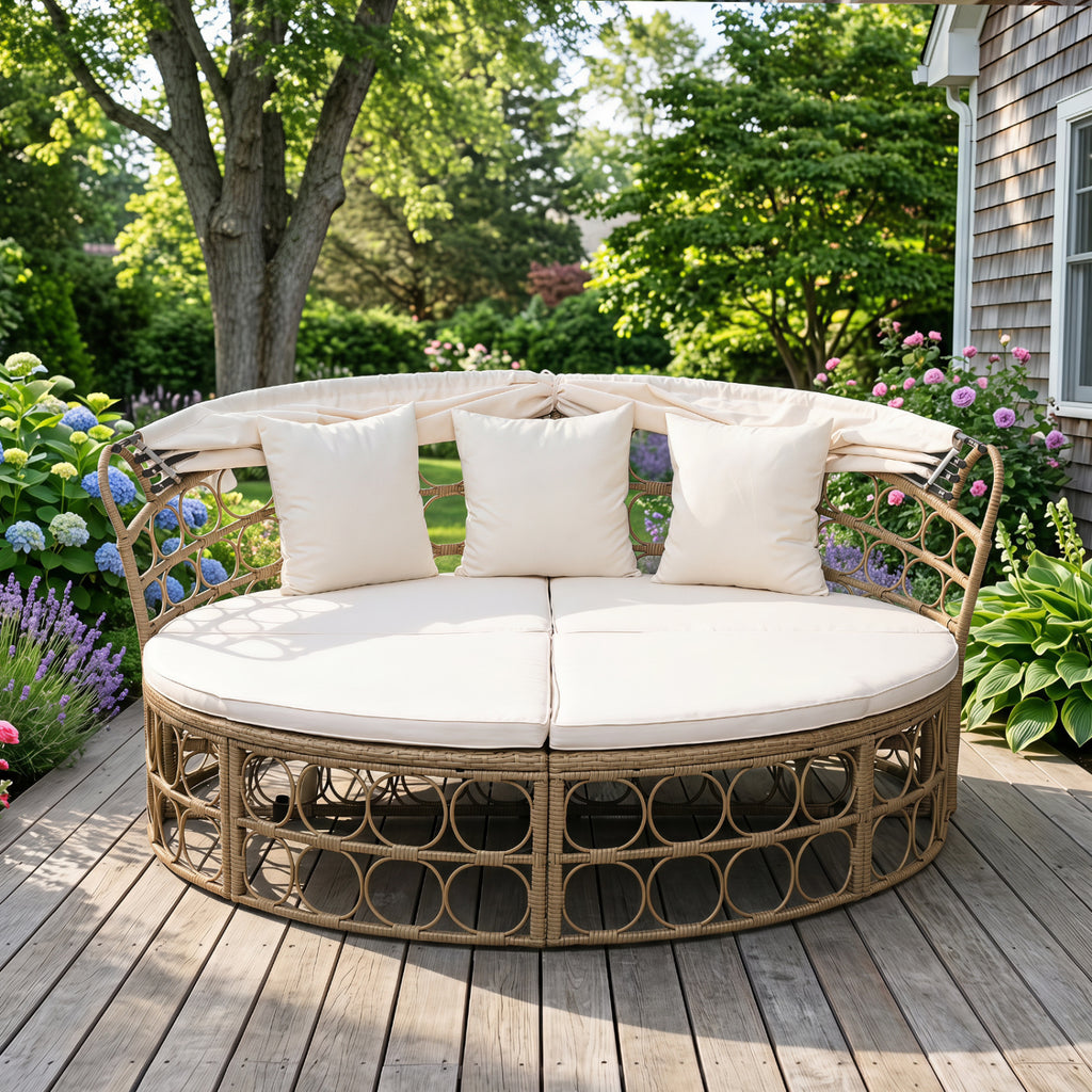 Outdoor Patio Daybed with Retractable Canopy and Cushions Yellow