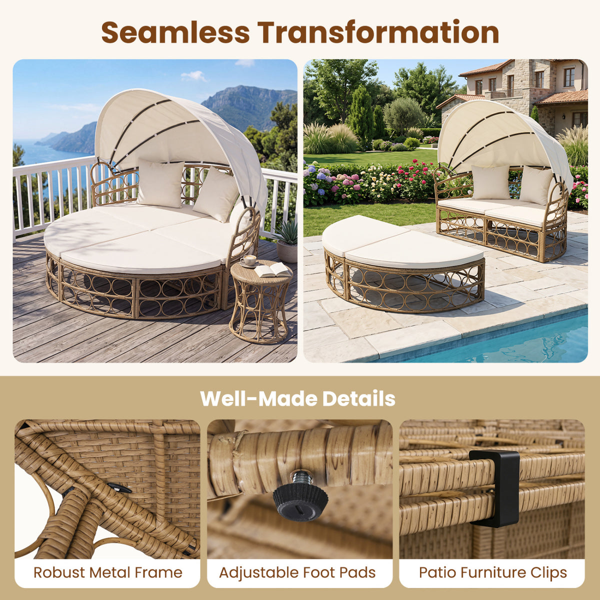 Outdoor Patio Daybed with Retractable Canopy and Cushions Yellow