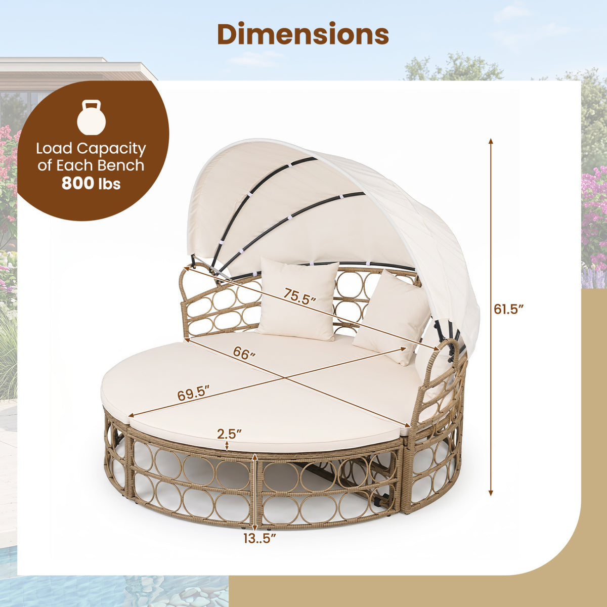 Outdoor Patio Daybed with Retractable Canopy and Cushions Yellow