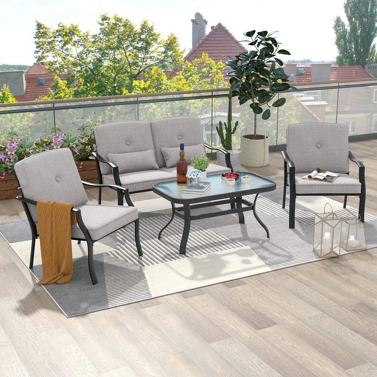 4 Pieces Outdoor Conversation Set with Seat Back Cushions and Waist
