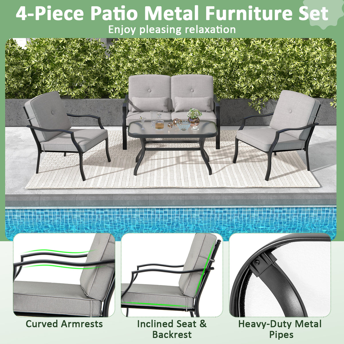 4 Pieces Outdoor Conversation Set with Seat Back Cushions and Waist