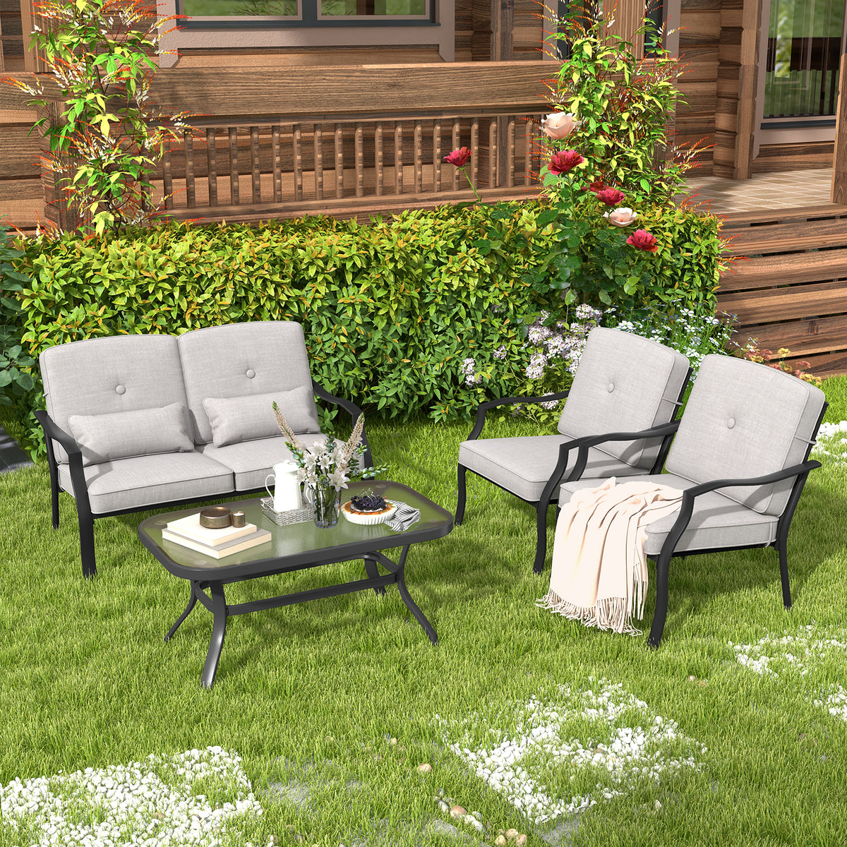 4 Pieces Outdoor Conversation Set with Seat Back Cushions and Waist