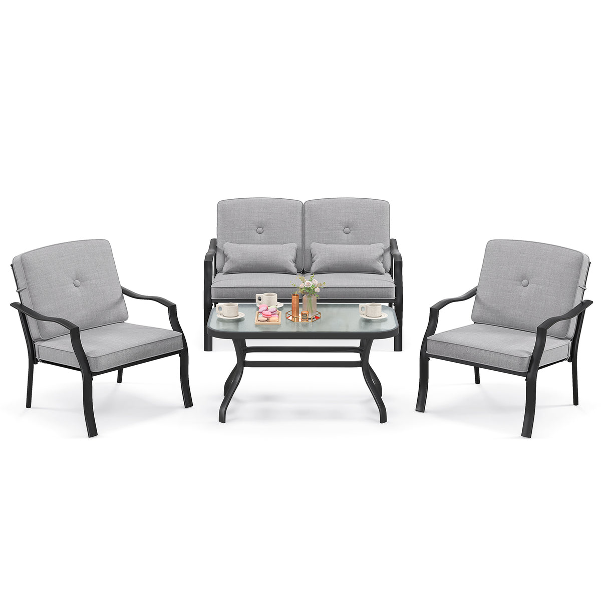 4 Pieces Outdoor Conversation Set with Seat Back Cushions and Waist