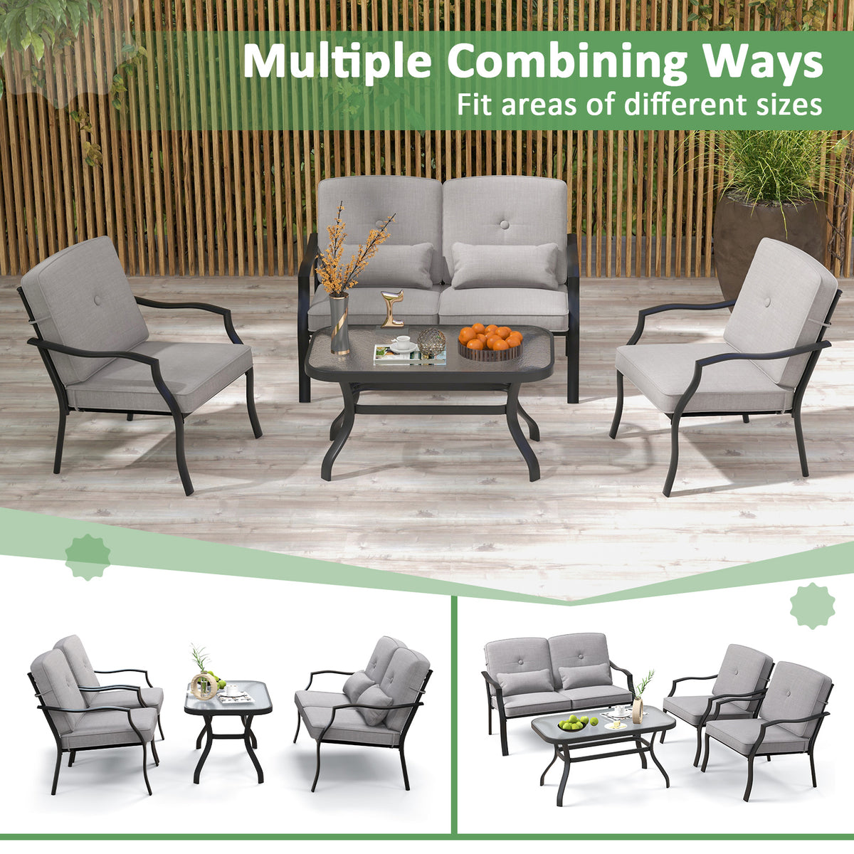 4 Pieces Outdoor Conversation Set with Seat Back Cushions and Waist