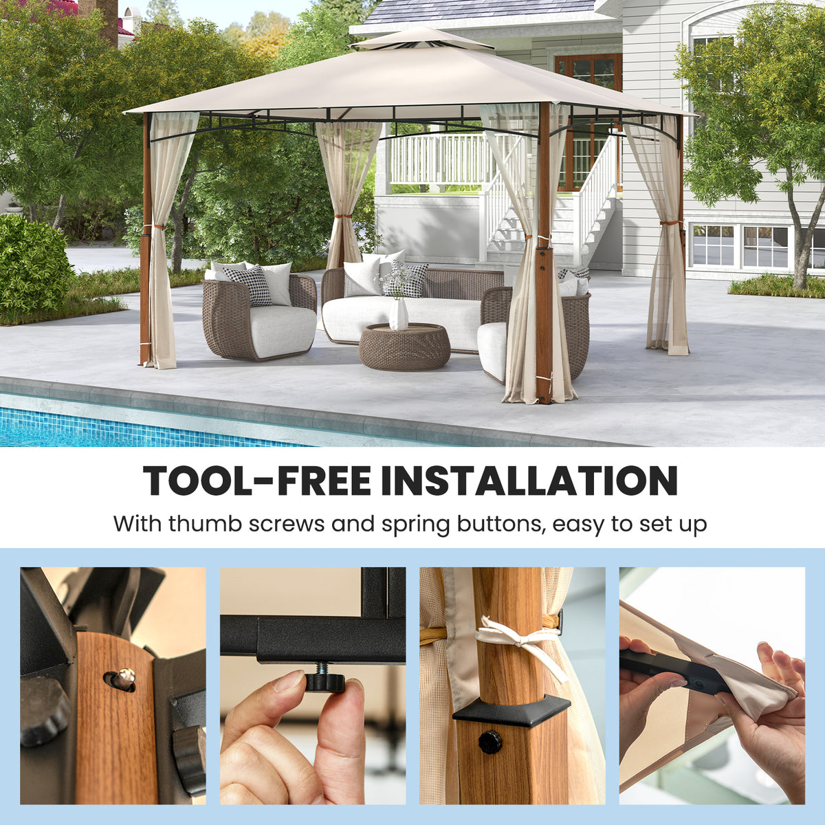 12 x 10 Feet Outdoor Patio Gazebo with Netting and 2-Tier Canopy Roof