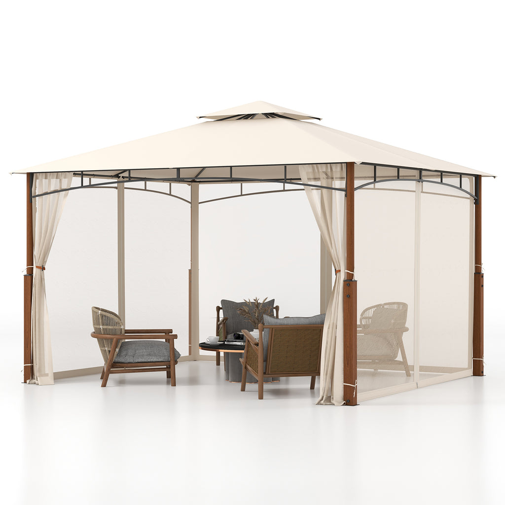 12 x 10 Feet Outdoor Patio Gazebo with Netting and 2-Tier Canopy Roof