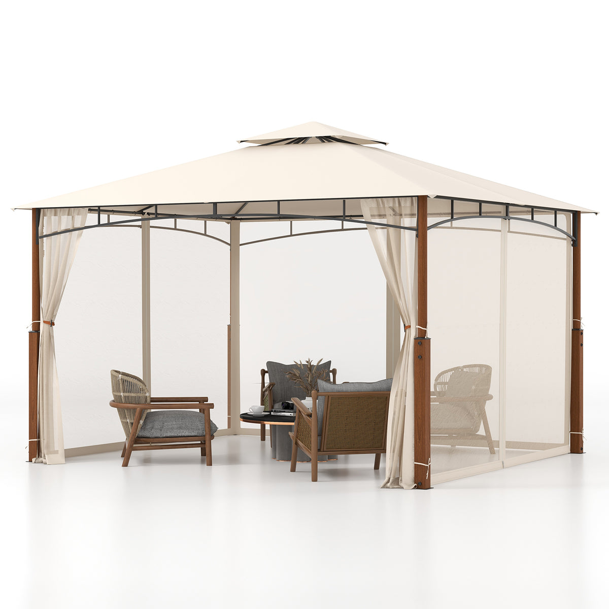 12 x 10 Feet Outdoor Patio Gazebo with Netting and 2-Tier Canopy Roof