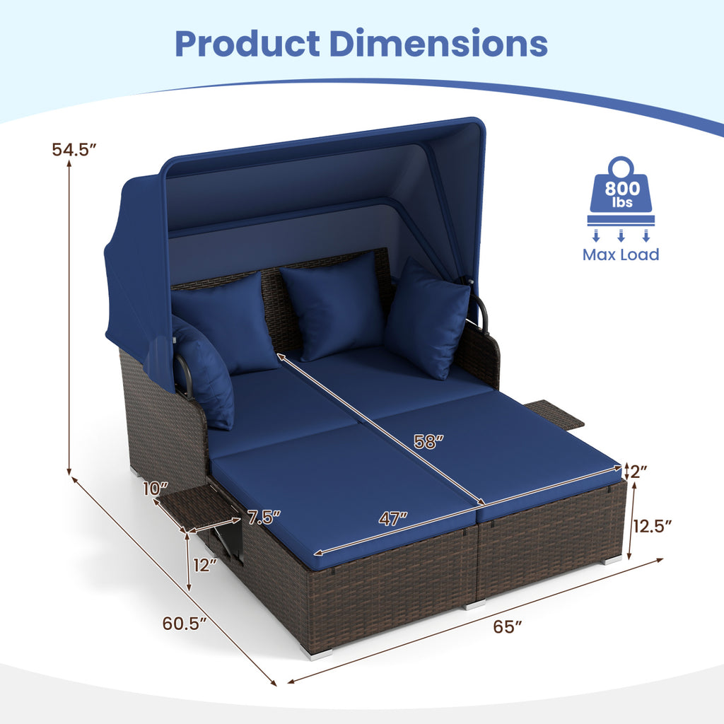 Rattan Daybed with Retractable Canopy and Side Tables - Navy