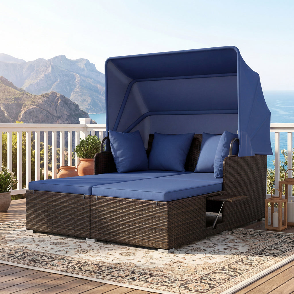 Rattan Daybed with Retractable Canopy and Side Tables - Navy
