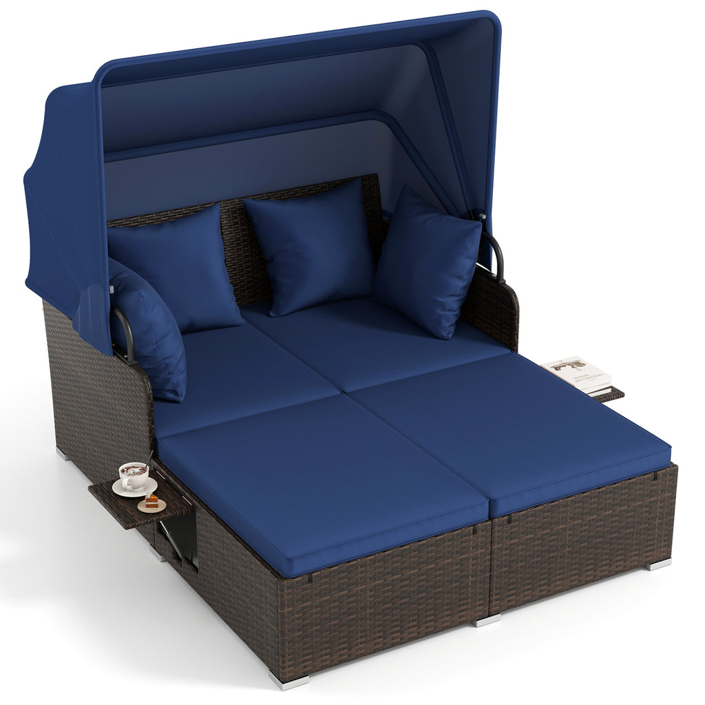 Rattan Daybed with Retractable Canopy and Side Tables - Navy