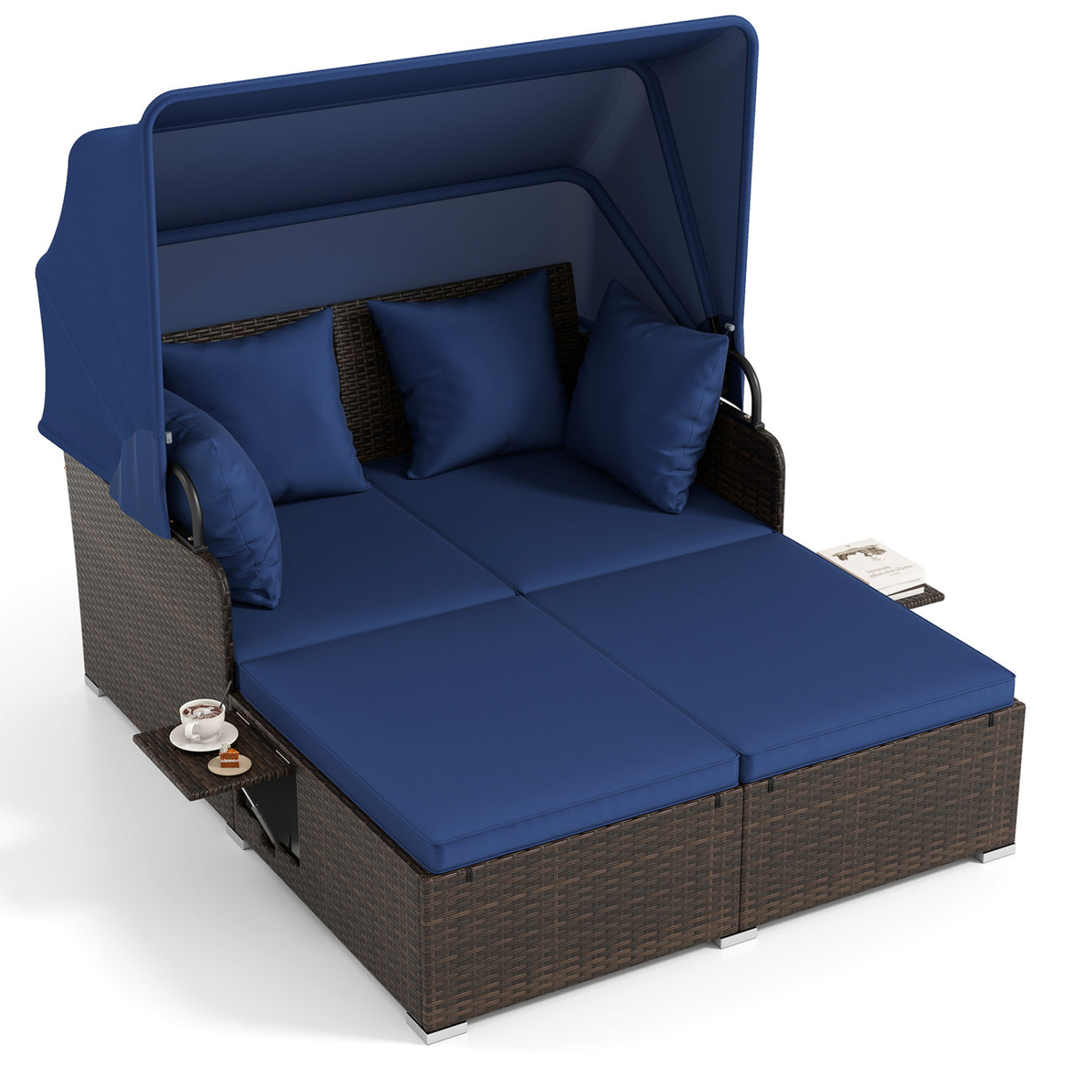 Rattan Daybed with Retractable Canopy and Side Tables - Navy