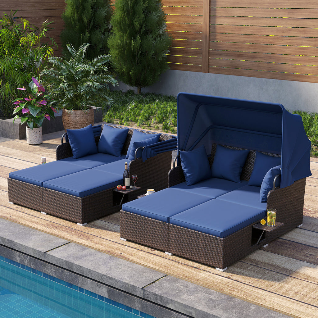 Rattan Daybed with Retractable Canopy and Side Tables - Navy