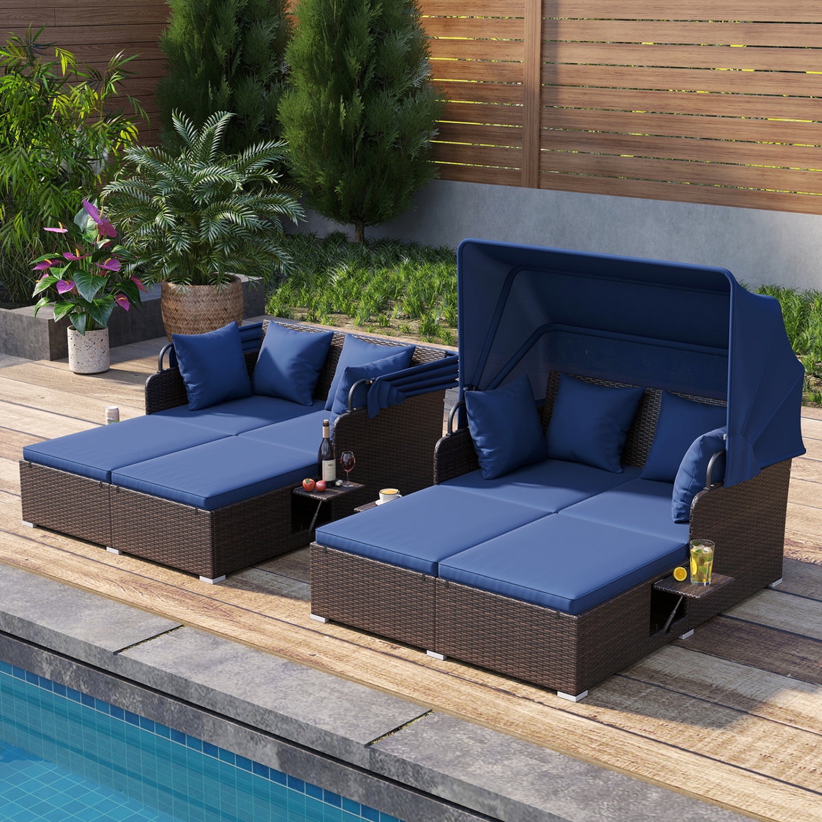Rattan Daybed with Retractable Canopy and Side Tables - Navy