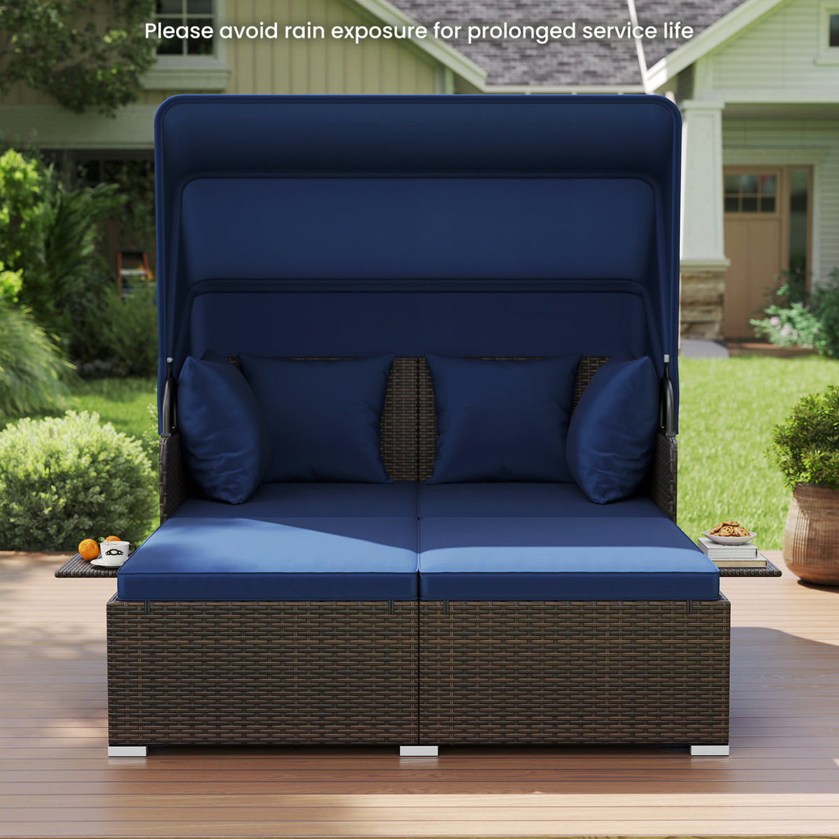 Rattan Daybed with Retractable Canopy and Side Tables - Navy