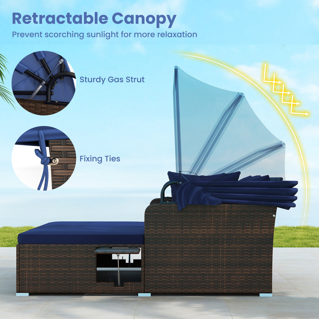 Rattan Daybed with Retractable Canopy and Side Tables - Navy