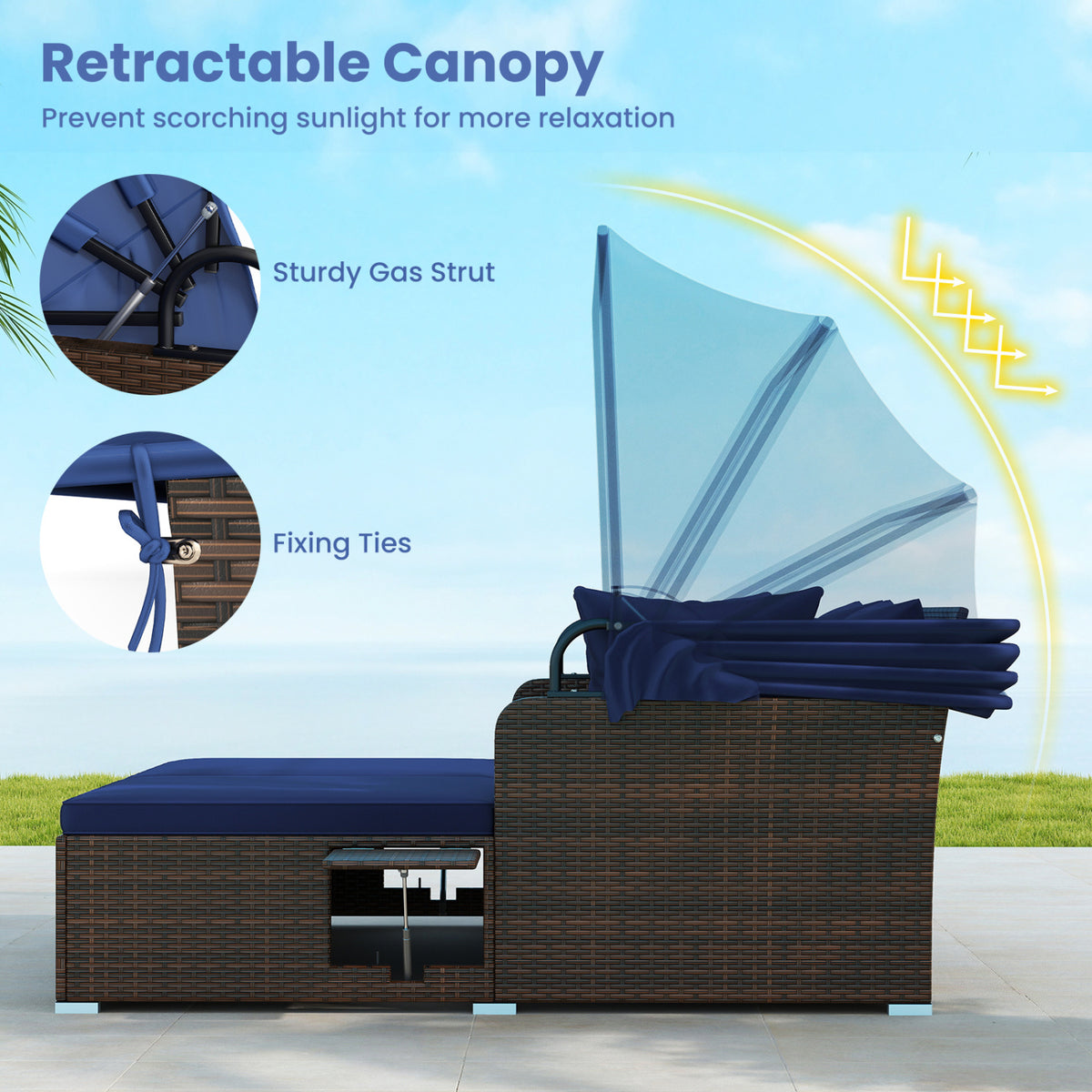 Rattan Daybed with Retractable Canopy and Side Tables - Navy