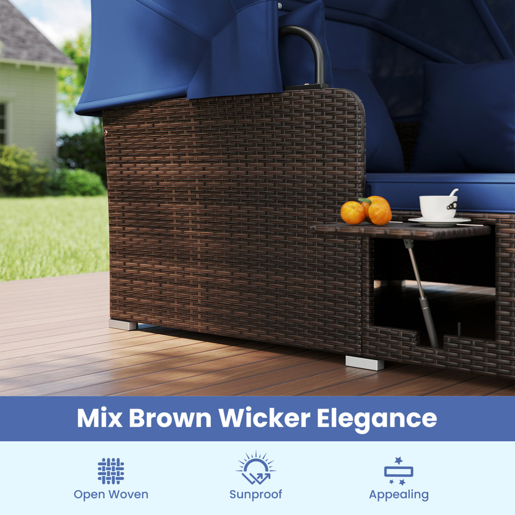 Rattan Daybed with Retractable Canopy and Side Tables - Navy