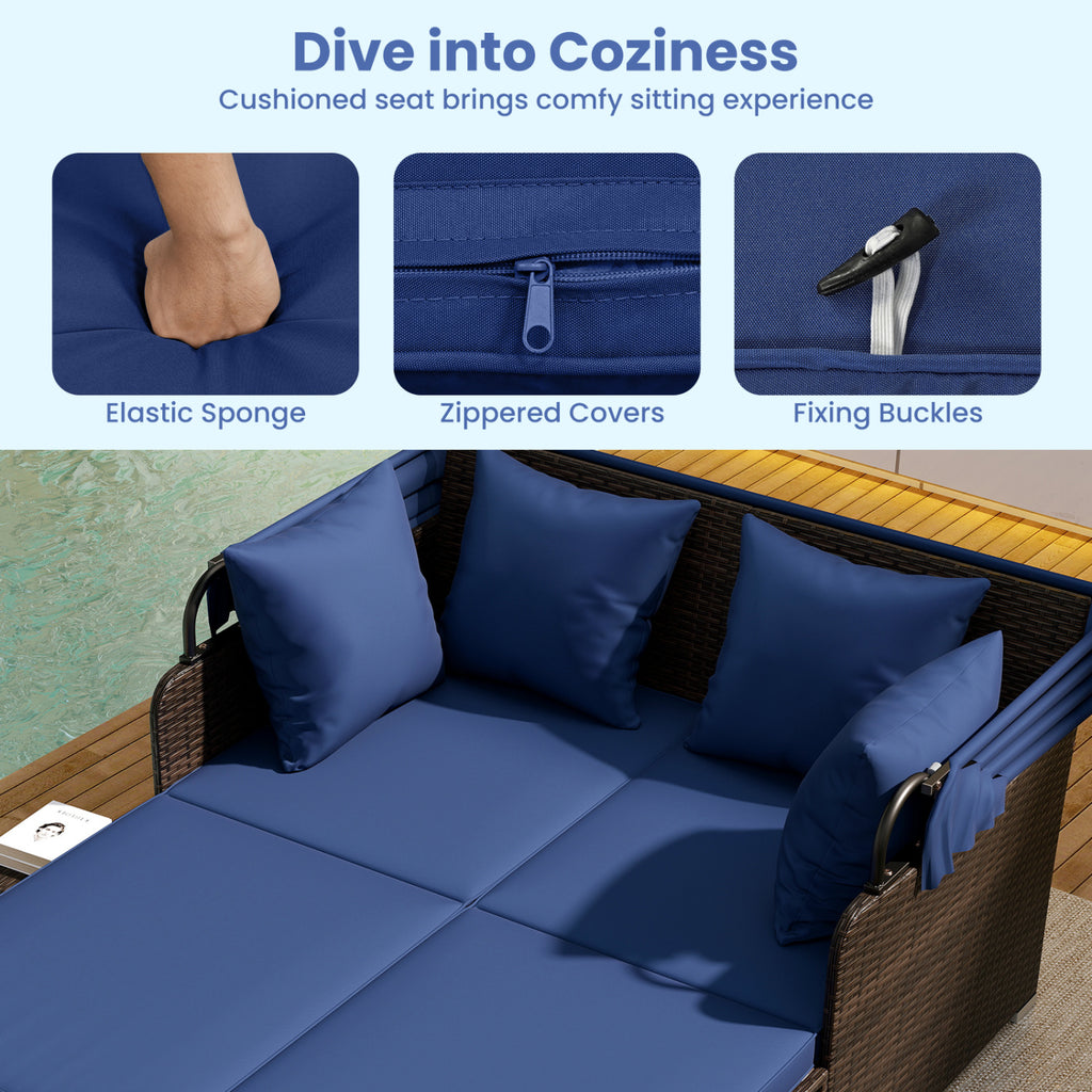 Rattan Daybed with Retractable Canopy and Side Tables - Navy