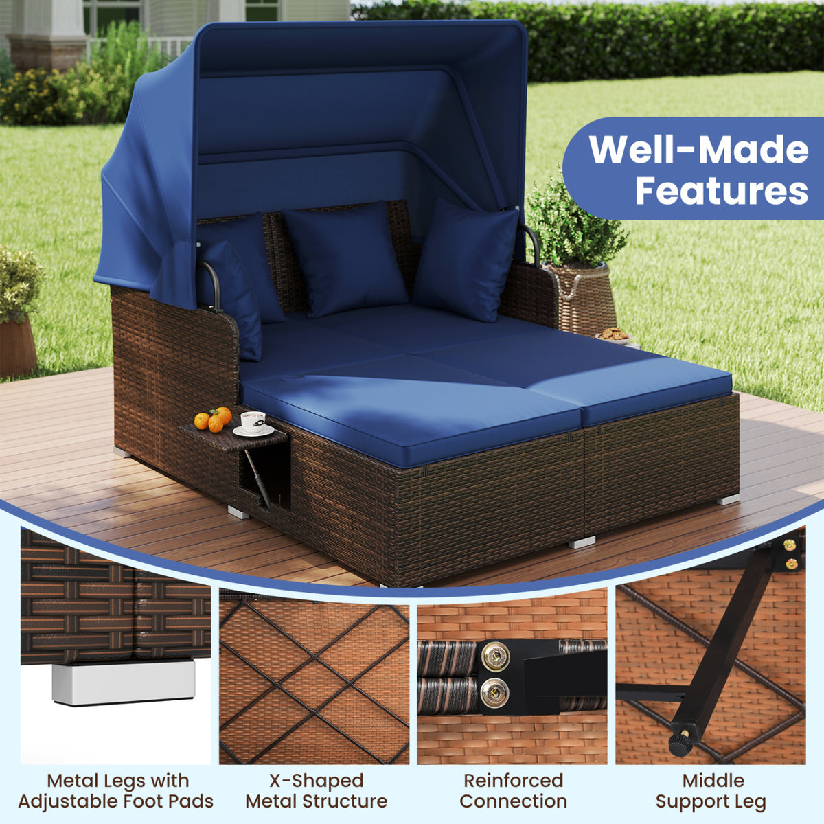 Rattan Daybed with Retractable Canopy and Side Tables - Navy