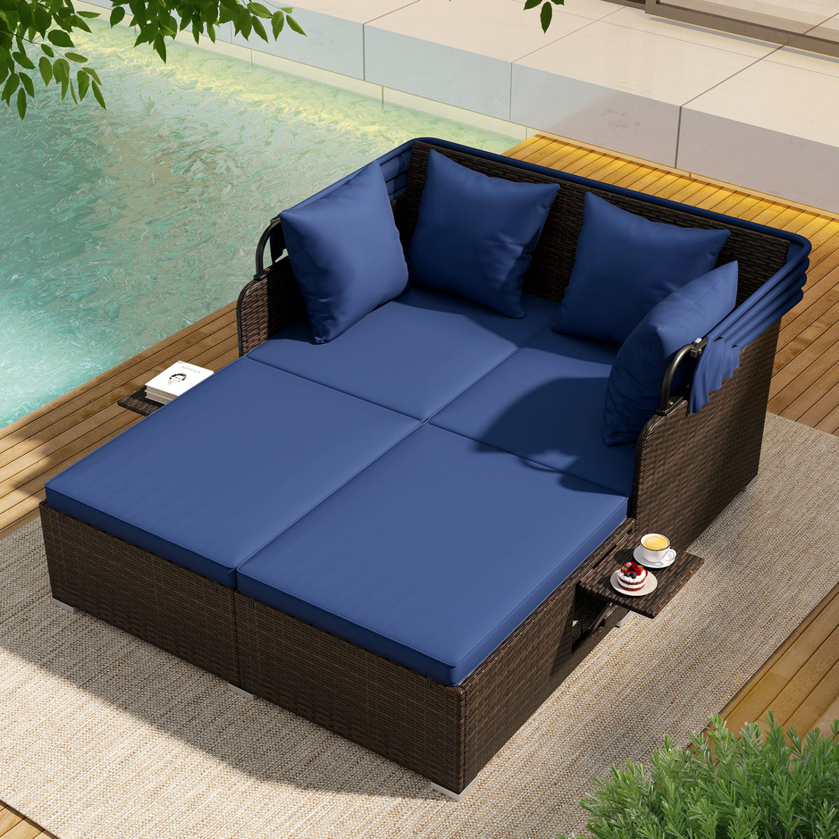 Rattan Daybed with Retractable Canopy and Side Tables - Navy