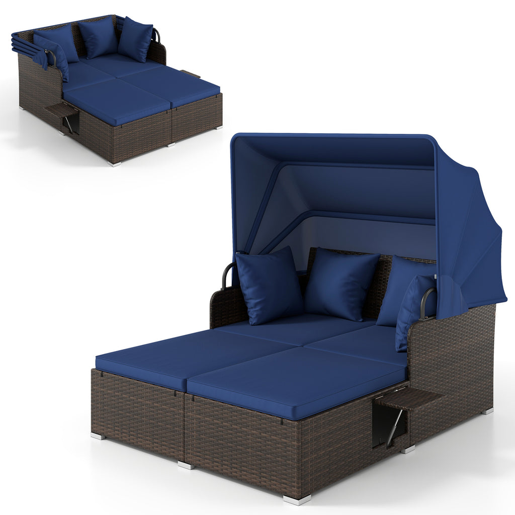 Patio Rattan Daybed with Retractable Canopy, Beige