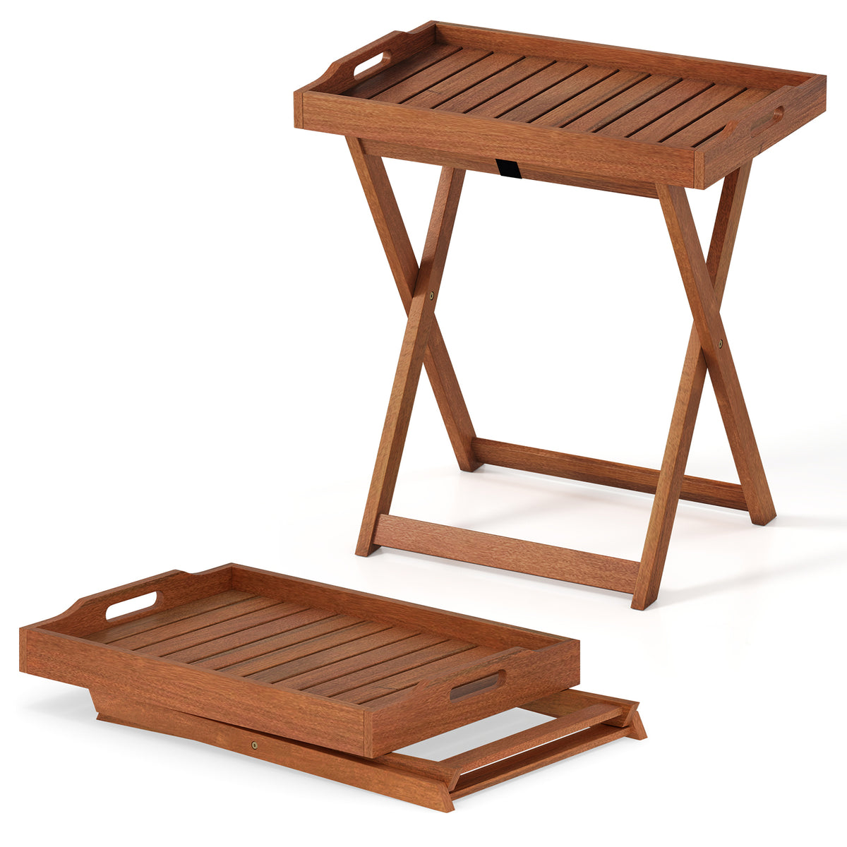 Outdoor Patio Solid Wood Tray Table with Removable Top No Assembly