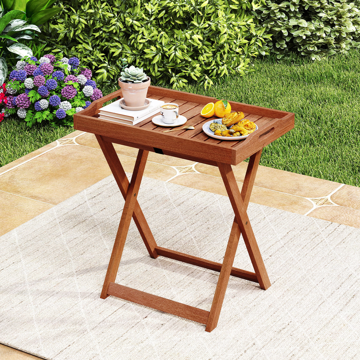 Outdoor Patio Solid Wood Tray Table with Removable Top No Assembly