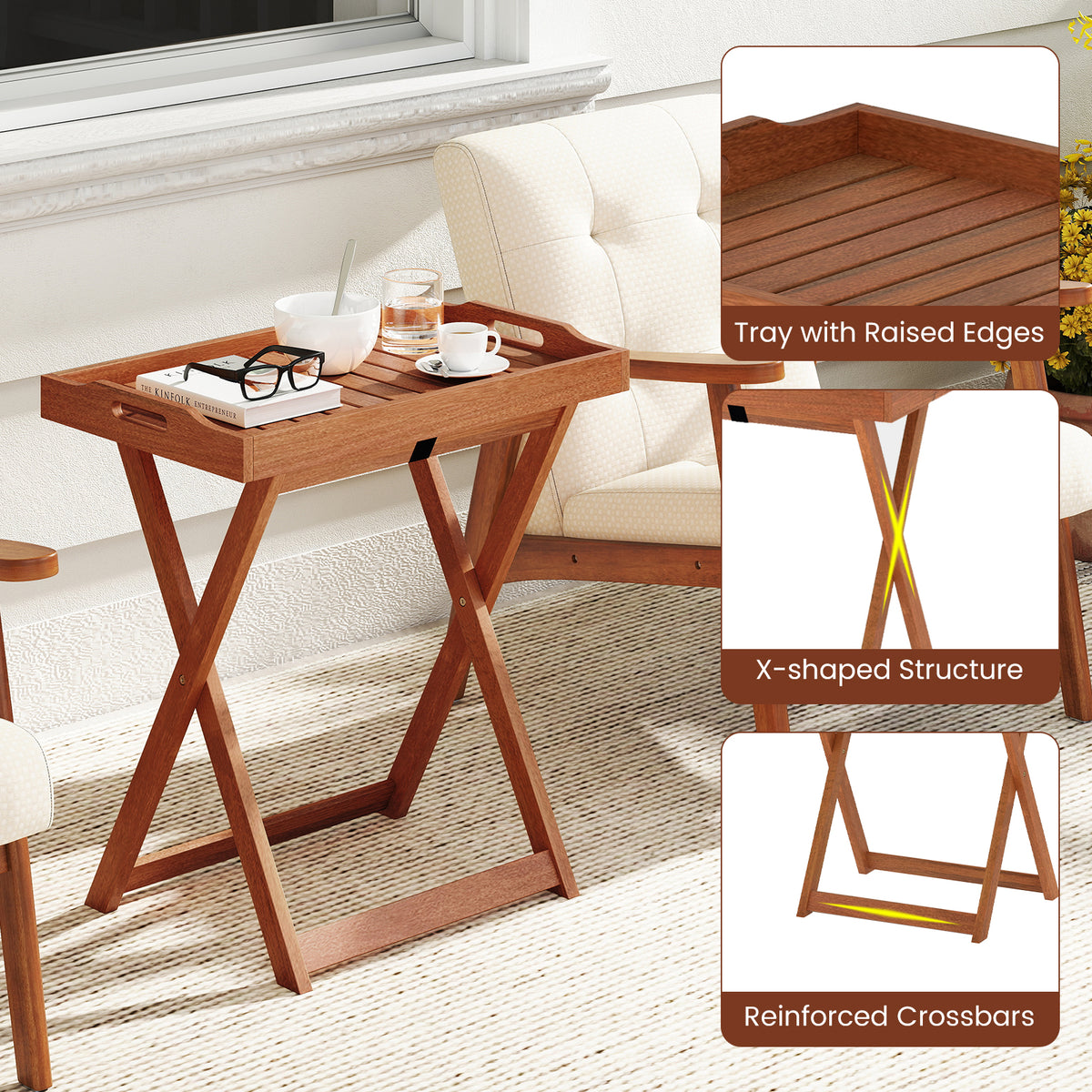 Outdoor Patio Solid Wood Tray Table with Removable Top No Assembly