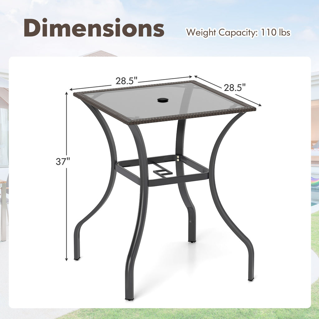 28.5 Inch Outdoor Patio Square Glass Top Table with Rattan Edging