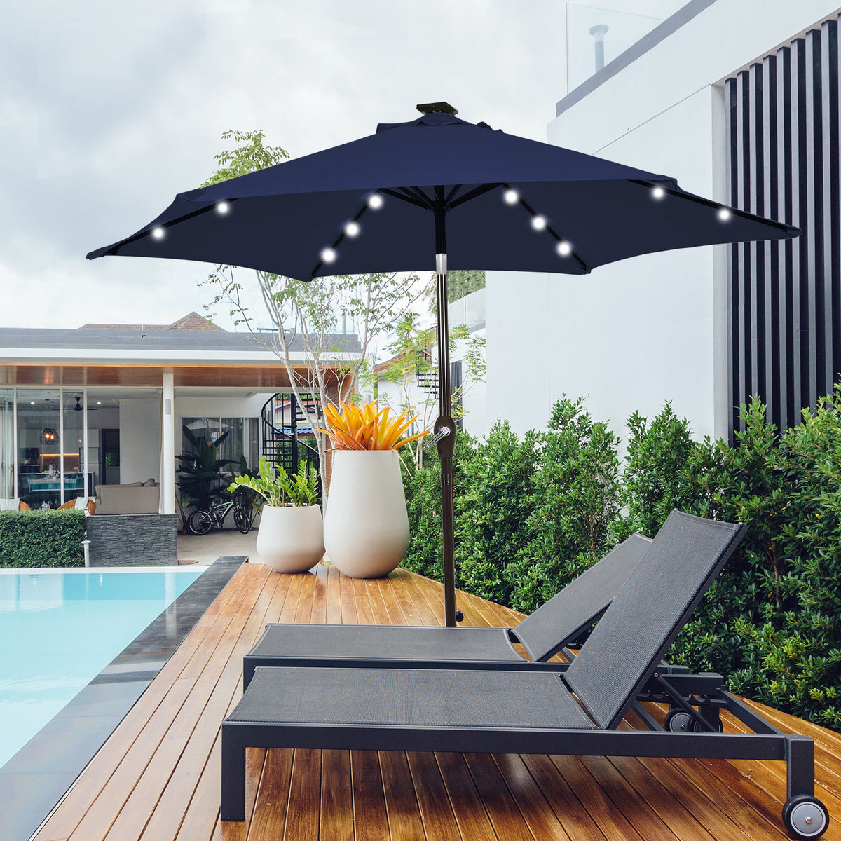 10 FT Patio Umbrella with 24 Solar LED Lights - Dark Blue