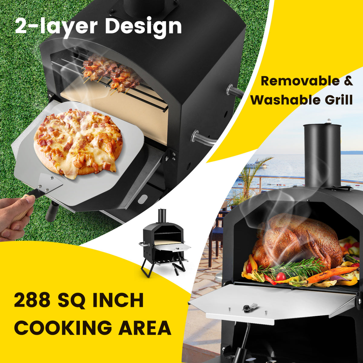2-Layer Pizza Oven with Removable Rack and Folding Legs - Black