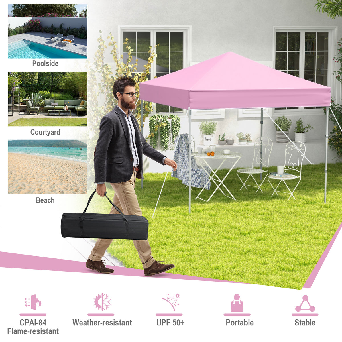 6.6' x 6.6' Outdoor Pop-Up Canopy Tent with Roller Bag - Pink