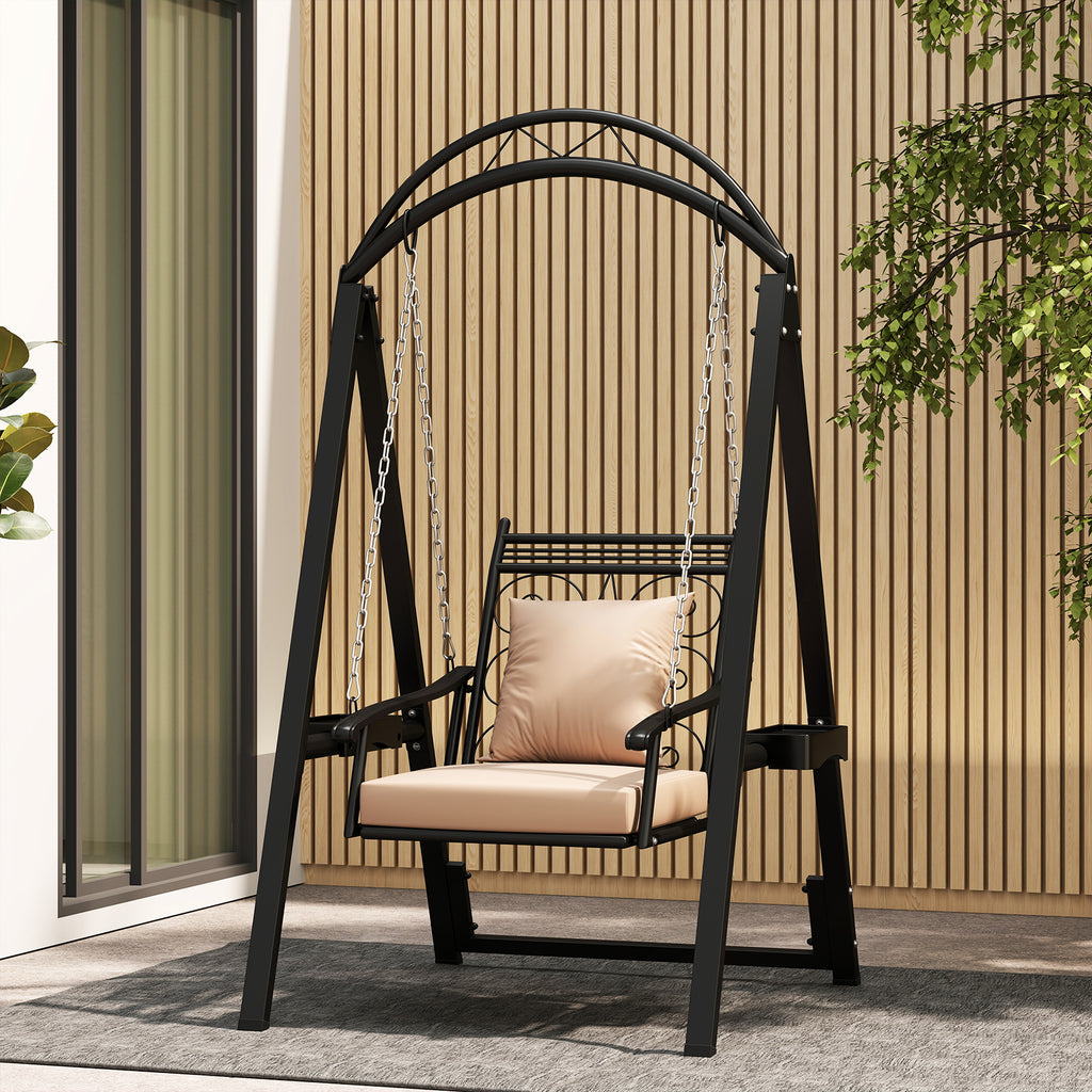 Outdoor Porch Swing with Cushions & Side Tables - Style 2, Black