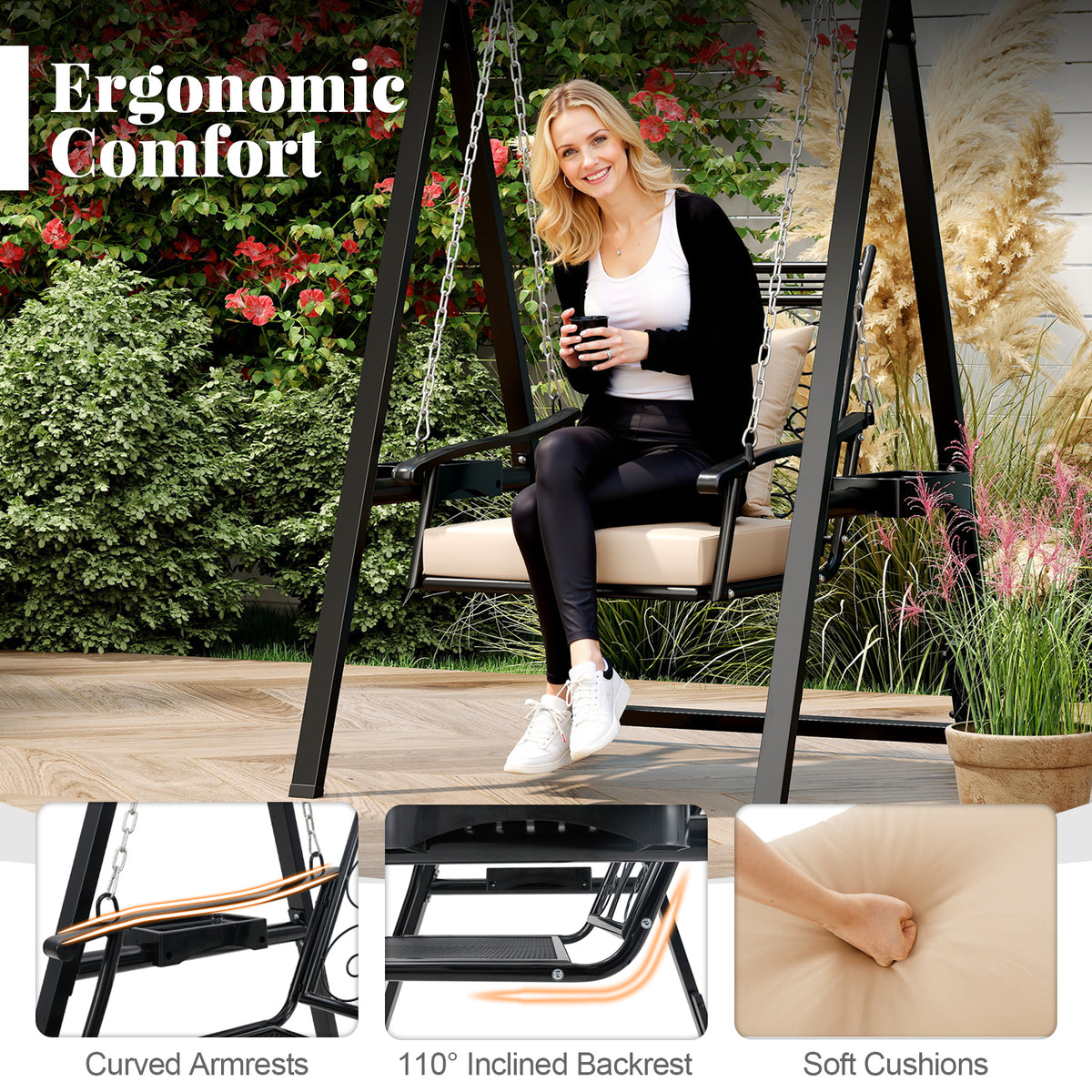Outdoor Porch Swing with Cushions & Side Tables - Style 2, Black