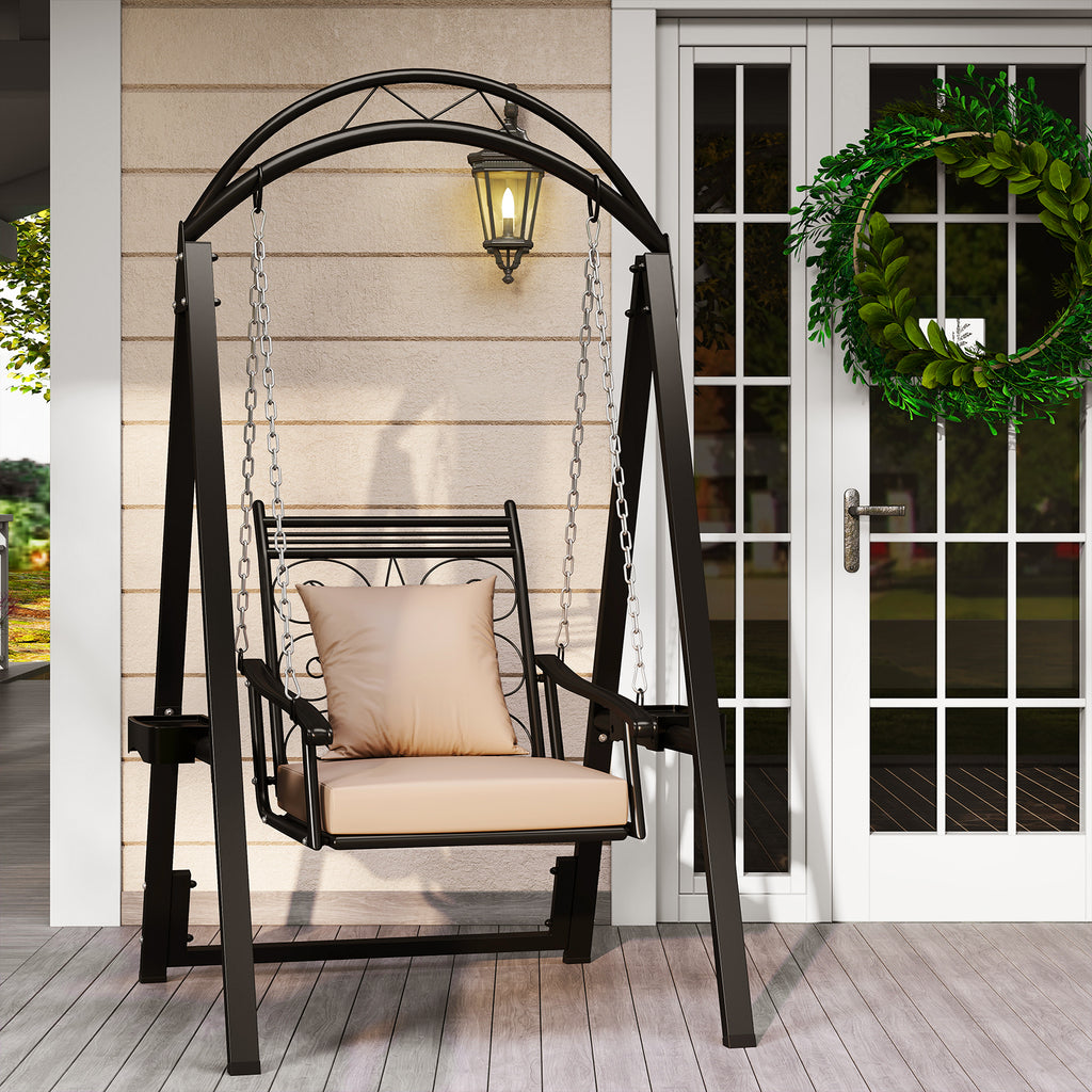 Outdoor Porch Swing with Cushions & Side Tables - Style 2, Black