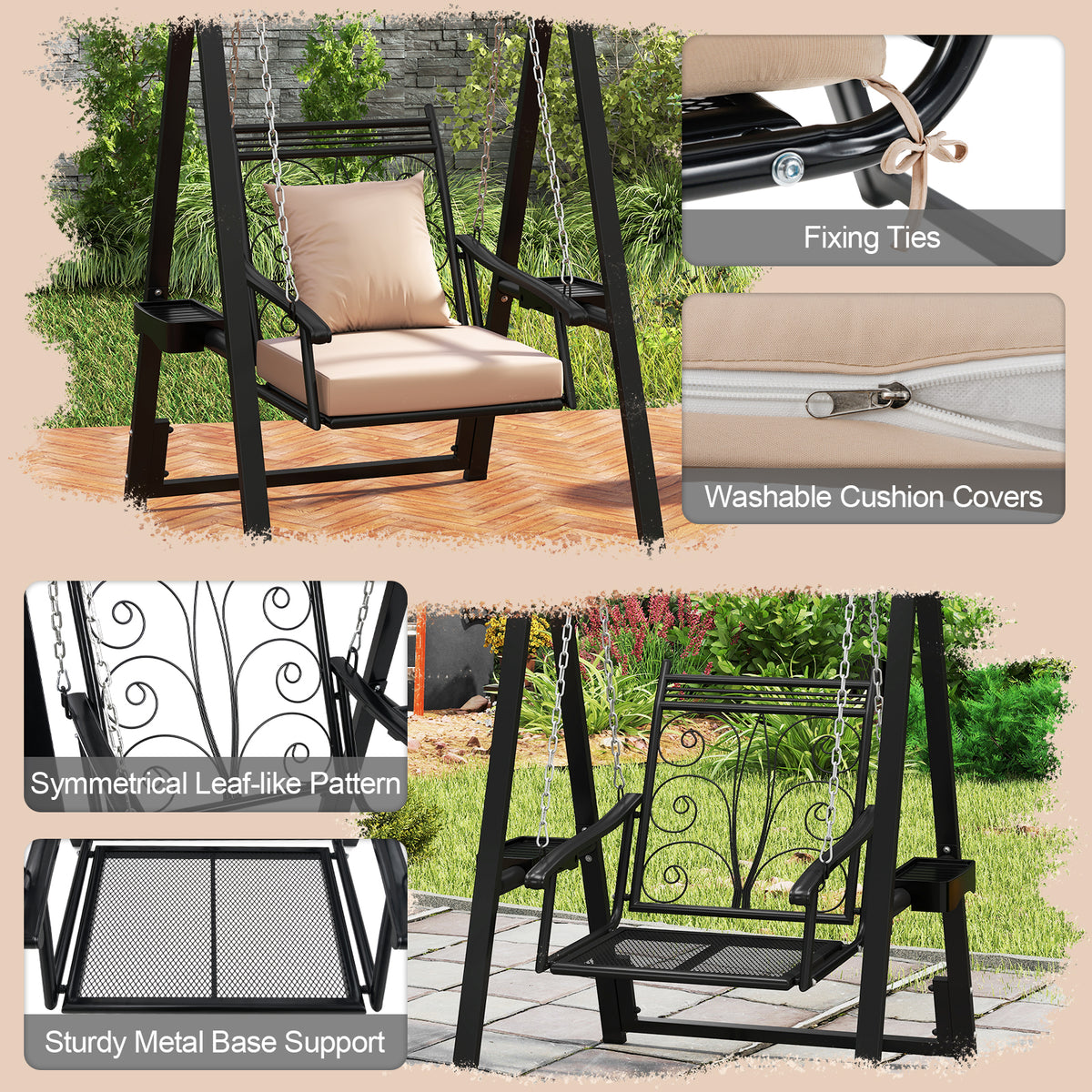 Outdoor Porch Swing with Cushions & Side Tables - Style 2, Black
