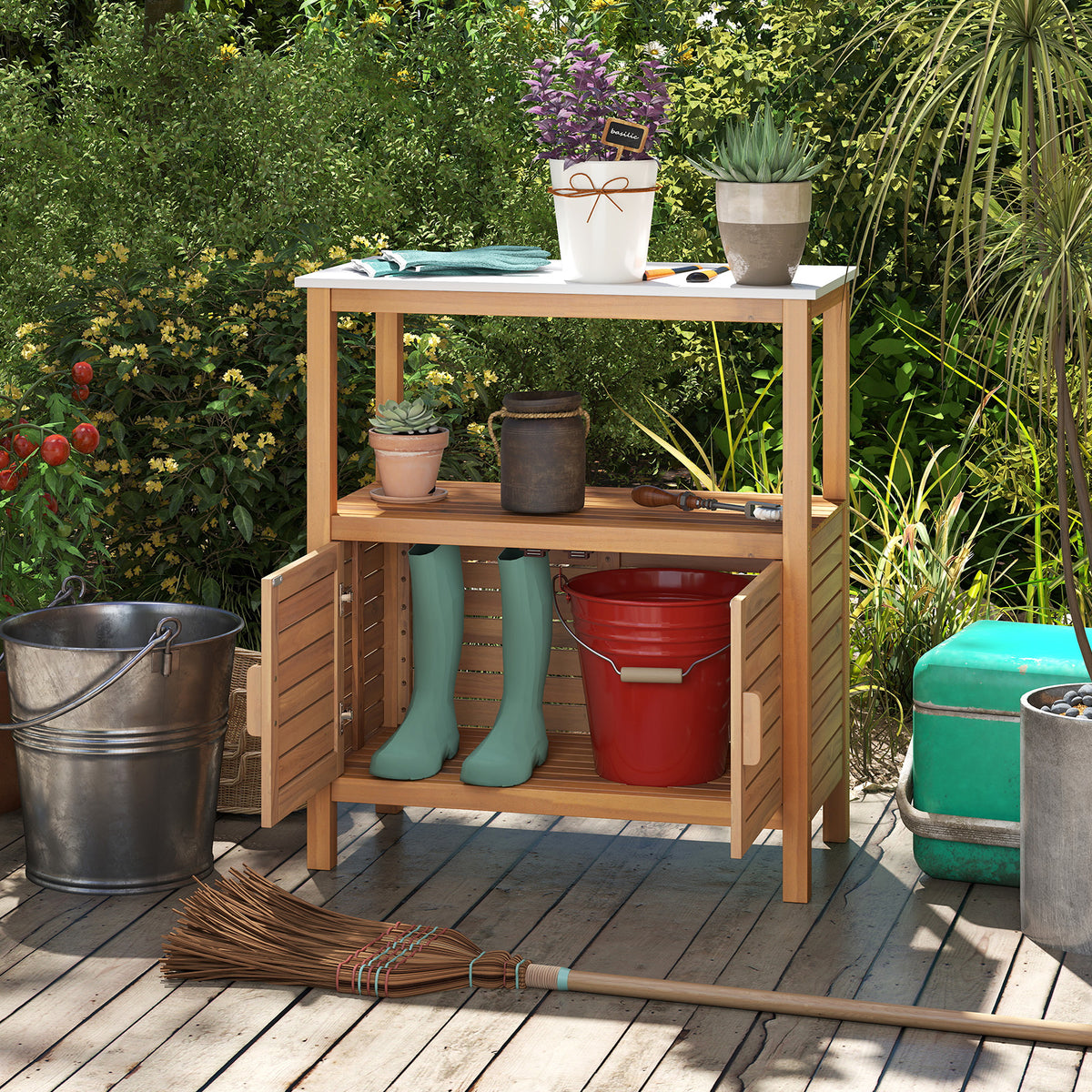 Outdoor Potting Bench Acacia Wood Garden Table Planting Work Station
