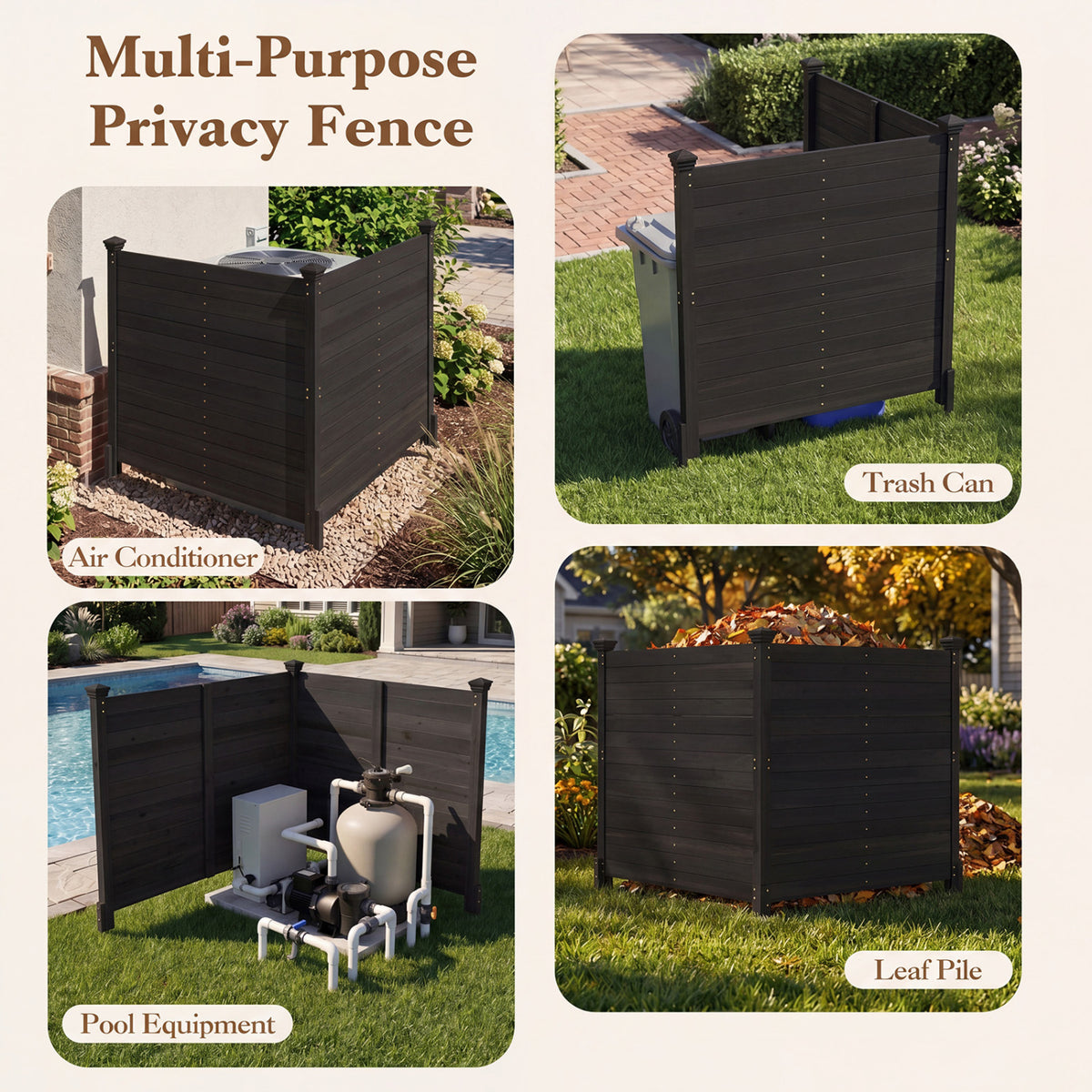 Outdoor Privacy Fence Panel for Air Conditioner - 2 Black Wooden Slats