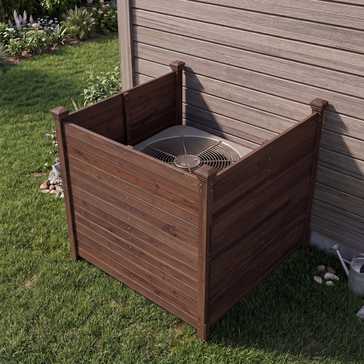 3-Panel Outdoor Privacy Fence for Air Conditioner - Brown, Rustic Wood